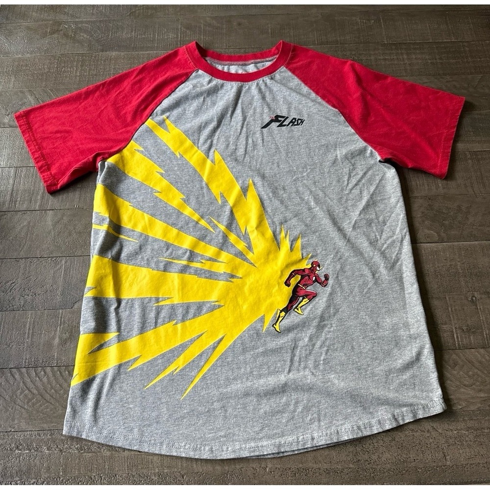 DC Comics The Flash Men's Lightning Strikes Raglan Gray Red Short Sleeve Size L